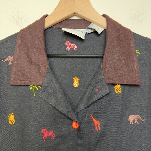 VTG 90s Studio Ease Linen Button Up Top Black Novelty Granola Girl Zoo Palm Tree - Picture 2 of 10